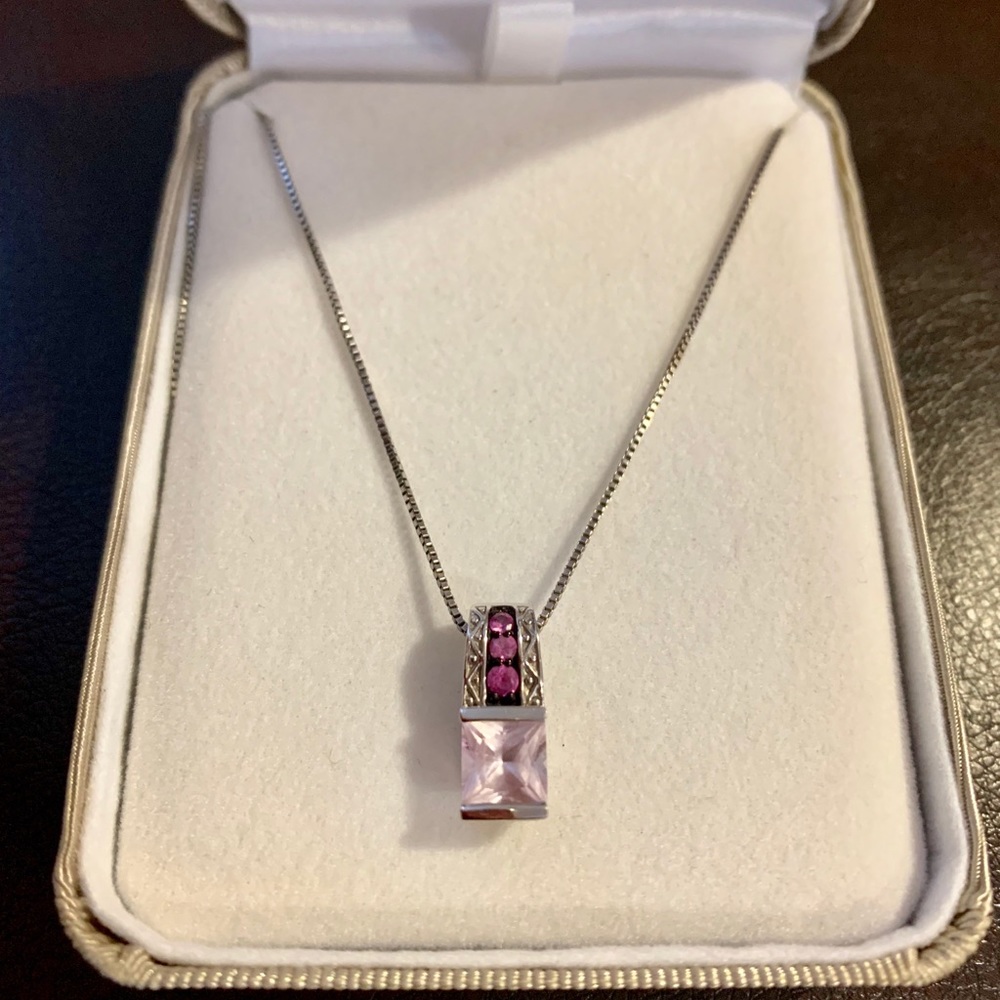 Purple/Pink Stone Pendant Necklace (Real Silver)